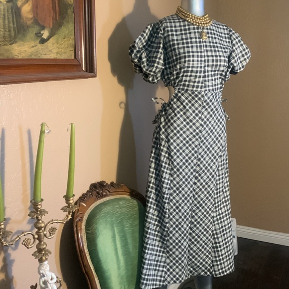Oni Studio Puffy Sleeve Plaid Midi A line Dress.  Sz M - Picture 4 of 8